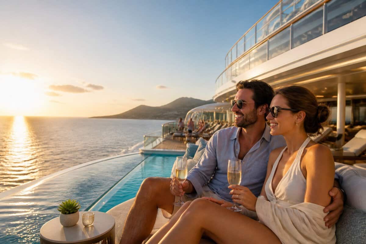 Newlywed couple relaxing on the deck of a cruise ship overlooking the ocean.
