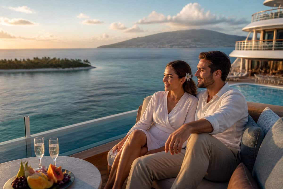 Newlywed couple relaxing on a luxury cruise ship deck above the ocean at sunset.
