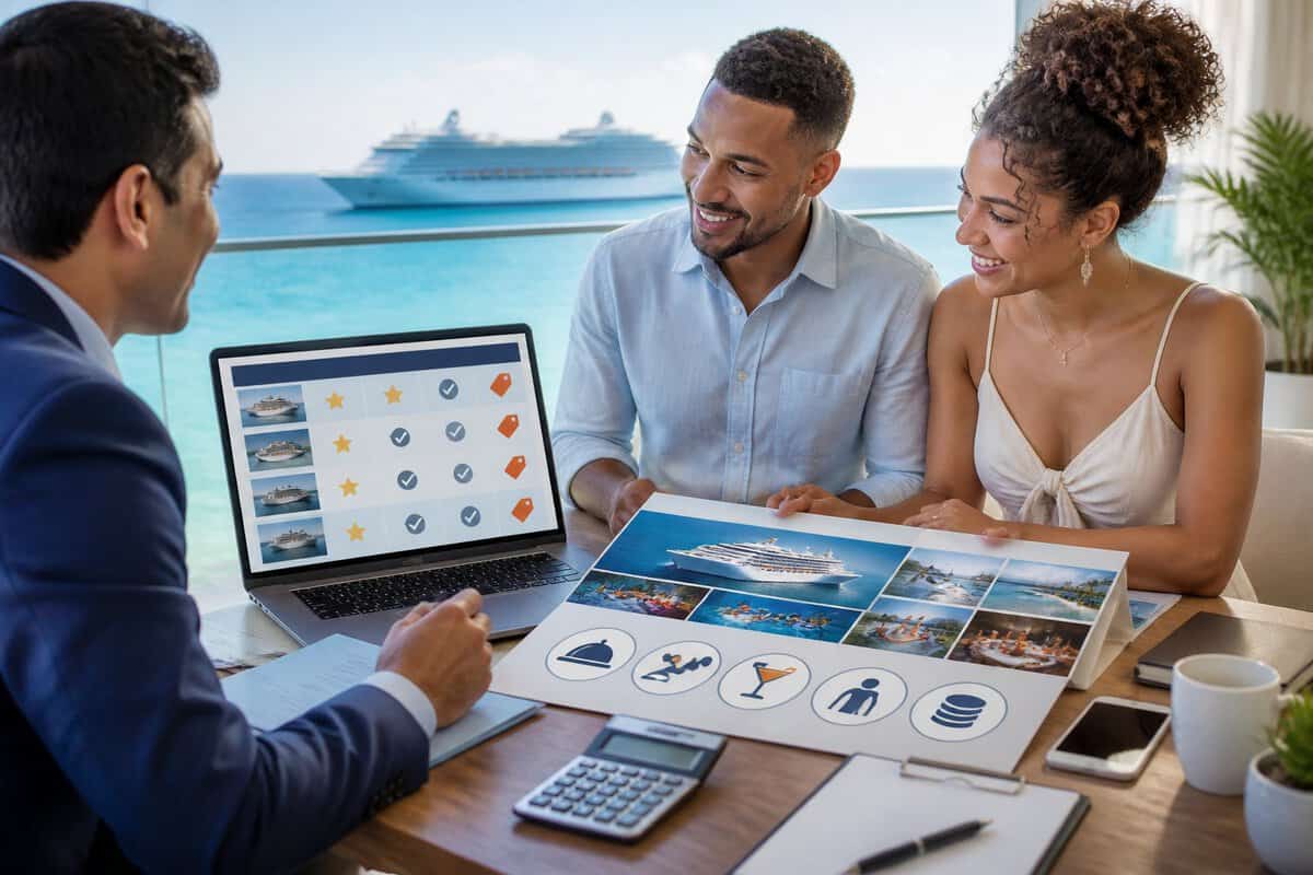 A newlywed couple compares cruise options, prices, and travel costs with a consultant at an ocean-view table.