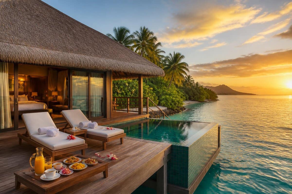 A luxurious overwater honeymoon bungalow with a private pool, tropical foliage, and calm turquoise ocean views.