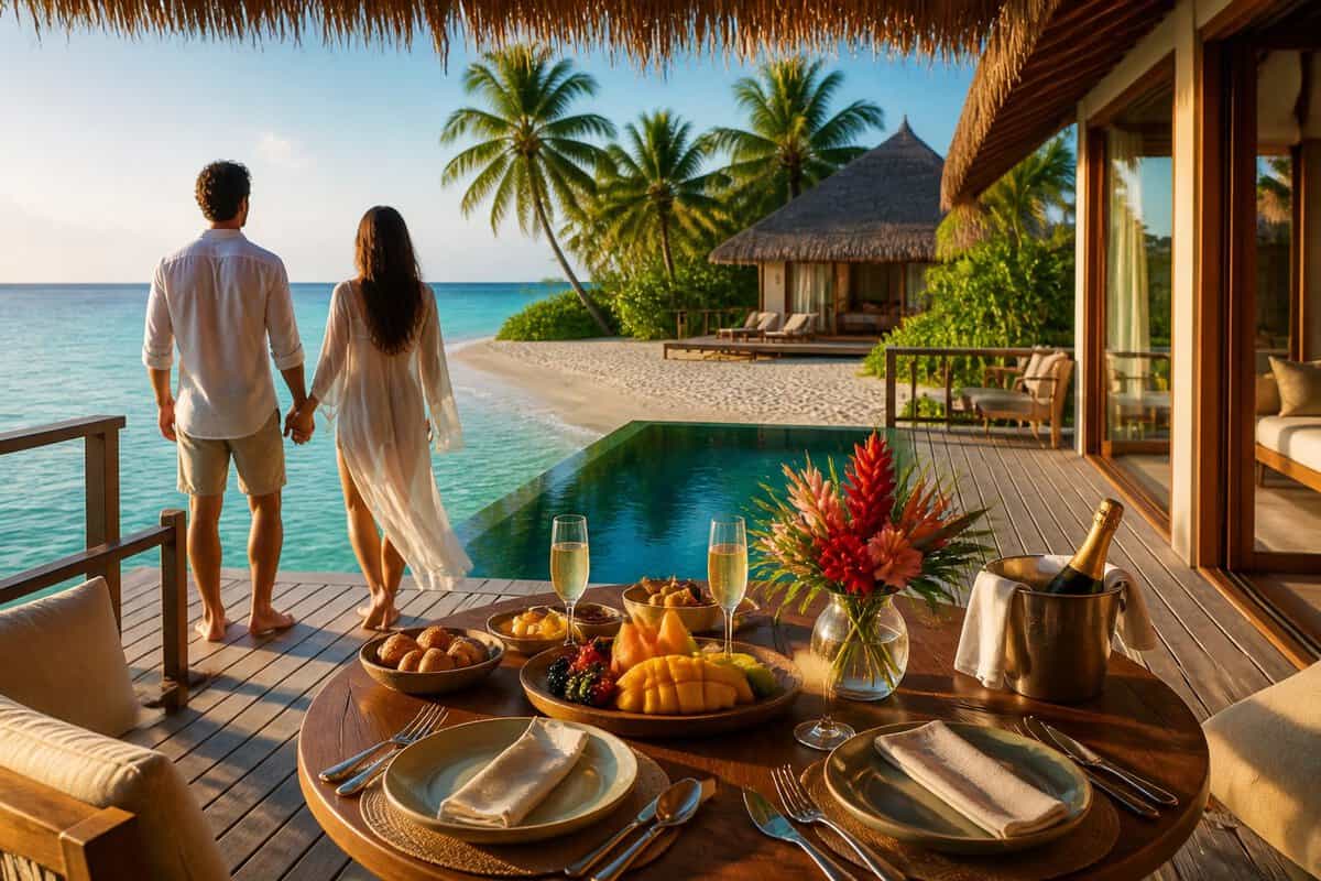 A couple enjoys breakfast on a private bungalow deck overlooking a tropical beach and turquoise ocean.