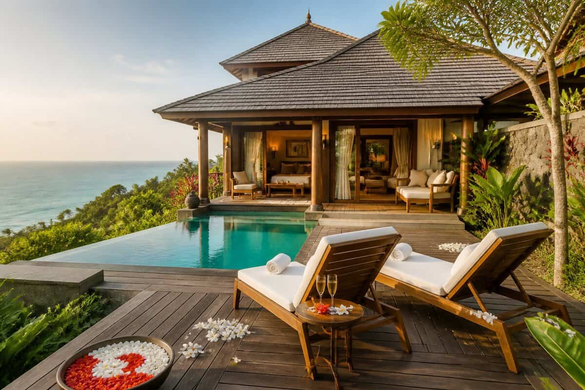 A secluded tropical honeymoon bungalow with a private pool, deck, and ocean view.