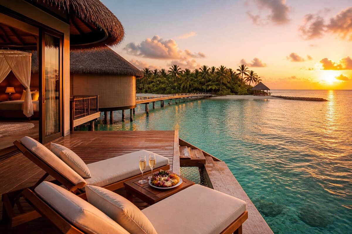 A luxurious overwater bungalow with a private deck, lounge chairs, champagne, and tropical ocean surroundings at sunset.