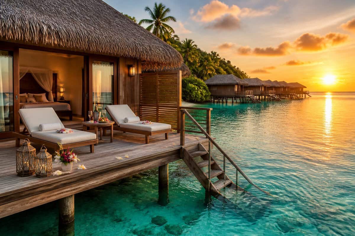 A luxurious overwater bungalow with a private deck sits above a clear tropical lagoon at sunset.