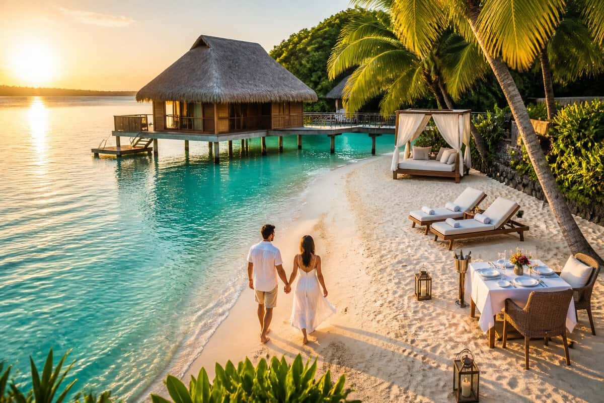 A couple walks along a white-sand beach beside a luxurious overwater bungalow in Fiji.