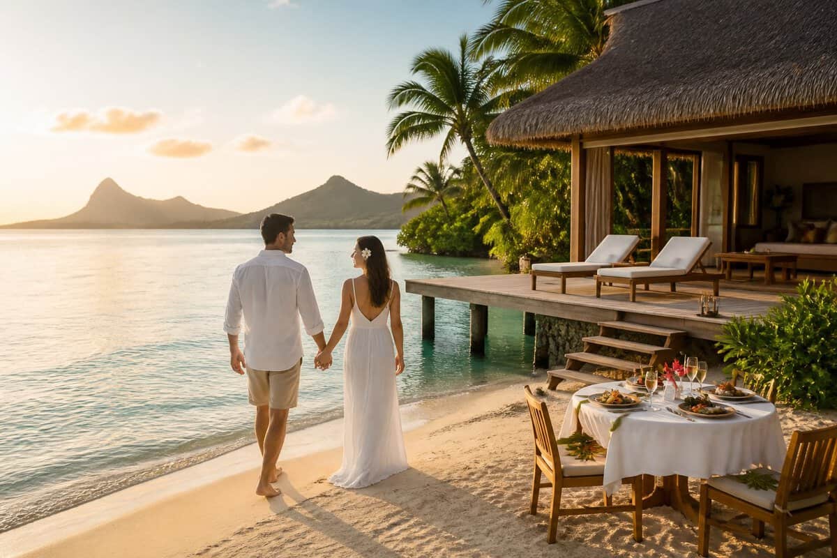 A newlywed couple walks along a tropical Fijian beach beside an overwater bungalow.