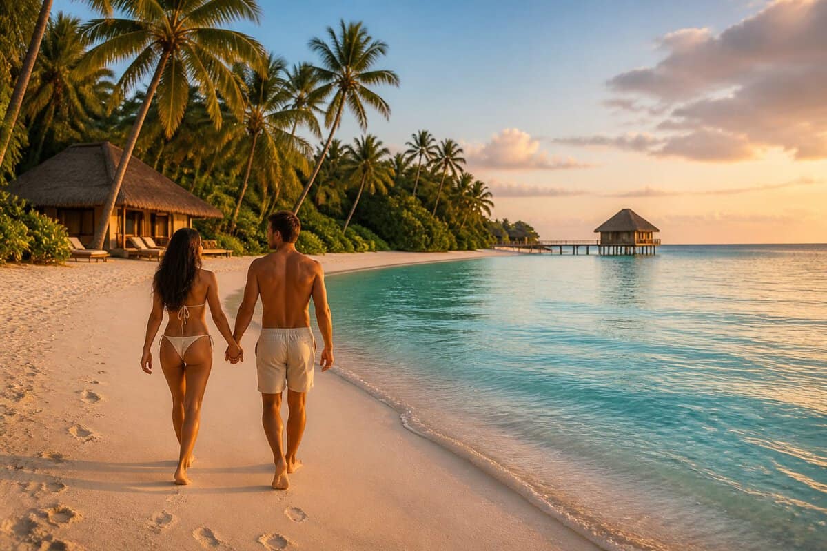 A couple walks along a white-sand beach beside a turquoise lagoon in Fiji, with tropical greenery and island villas in the background.