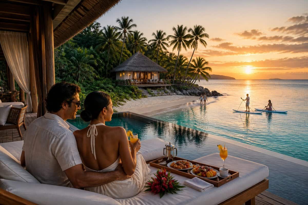 A couple relaxes at a luxurious overwater resort surrounded by Fiji’s turquoise lagoon and tropical greenery.