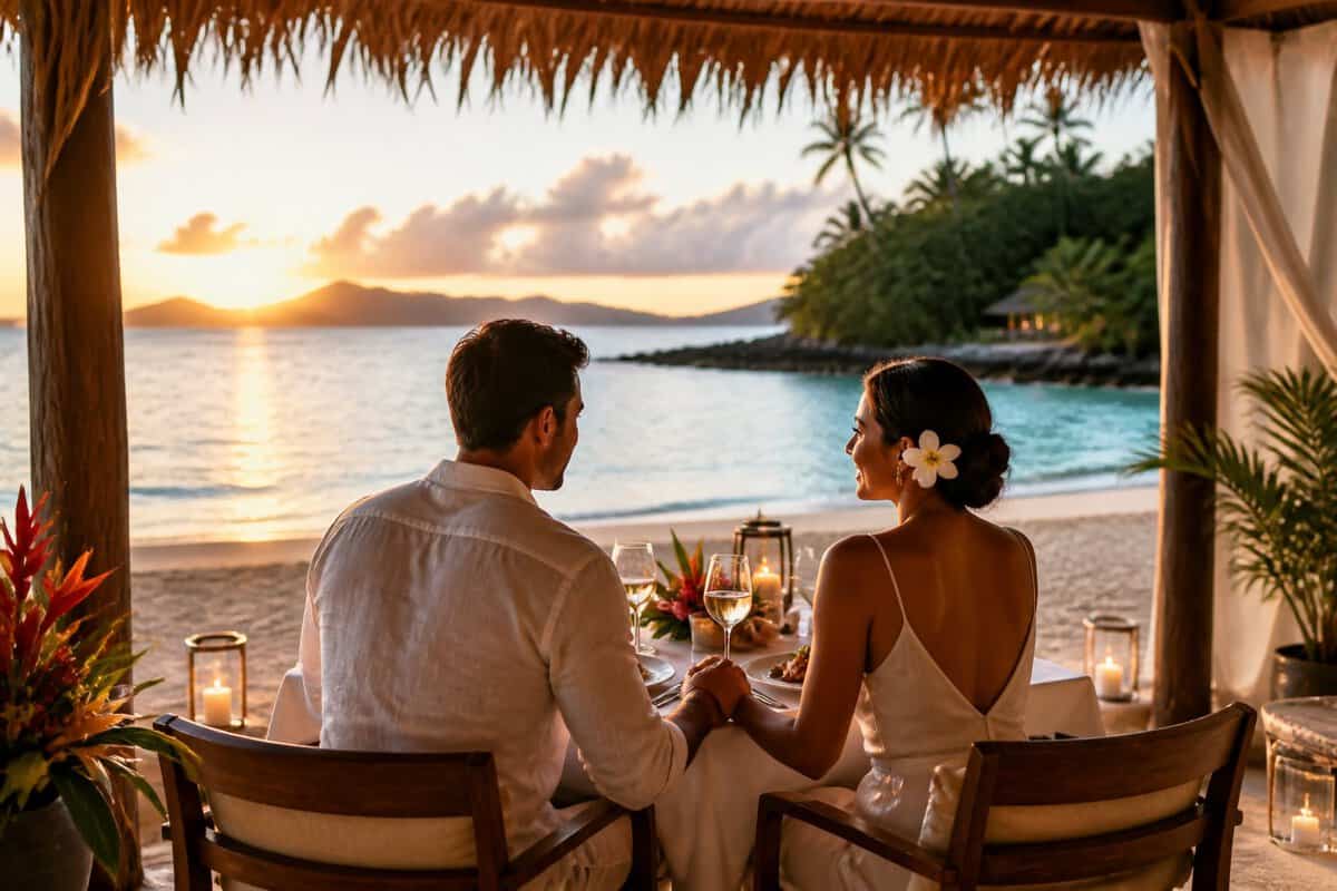 A newlywed couple enjoys a private beachfront dinner at sunset in Fiji.