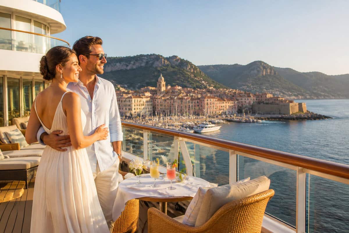 Newlywed couple embracing on a cruise ship deck while viewing a sunny European coastal town.
