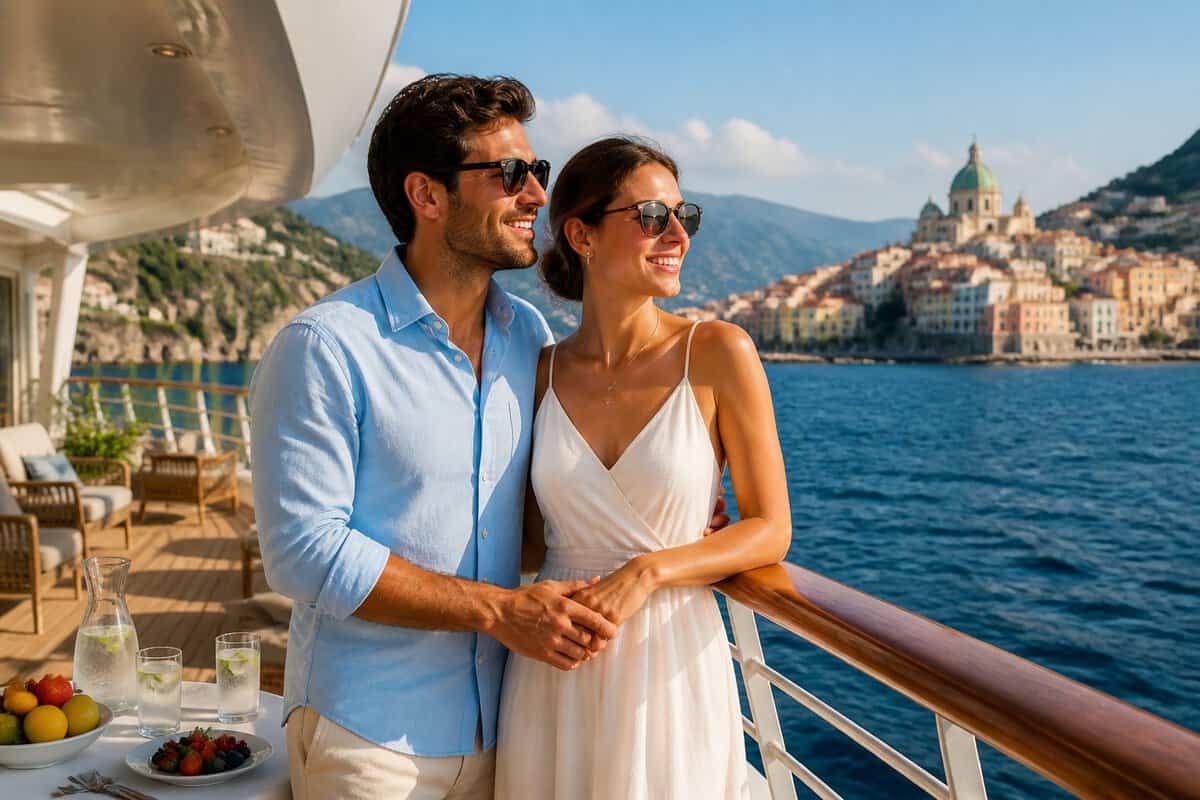 Newlywed couple enjoying a sunny European cruise ship deck with a coastal town in the background.