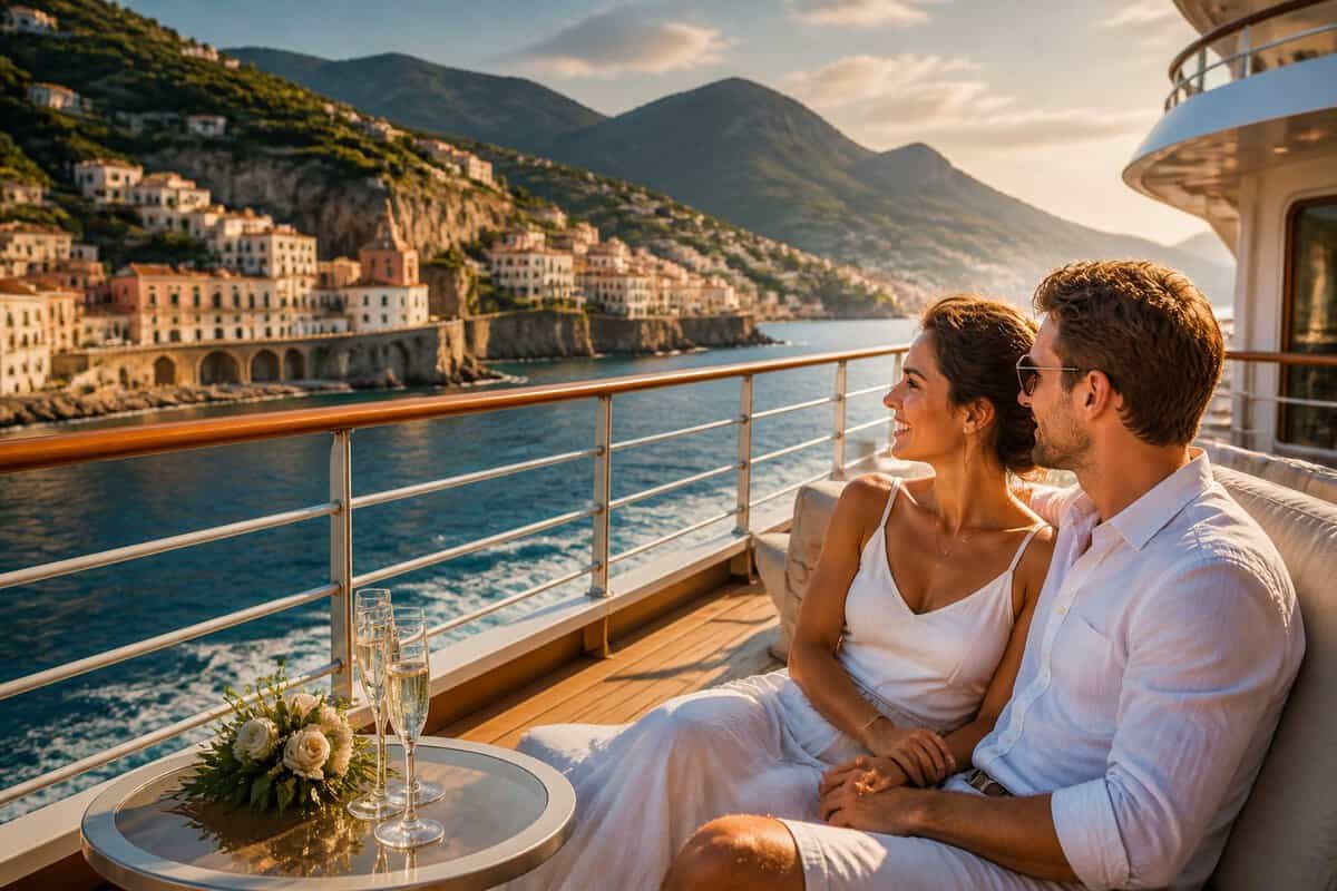Newlywed couple relaxing on a cruise ship deck while a Mediterranean coastal town appears in the background.
