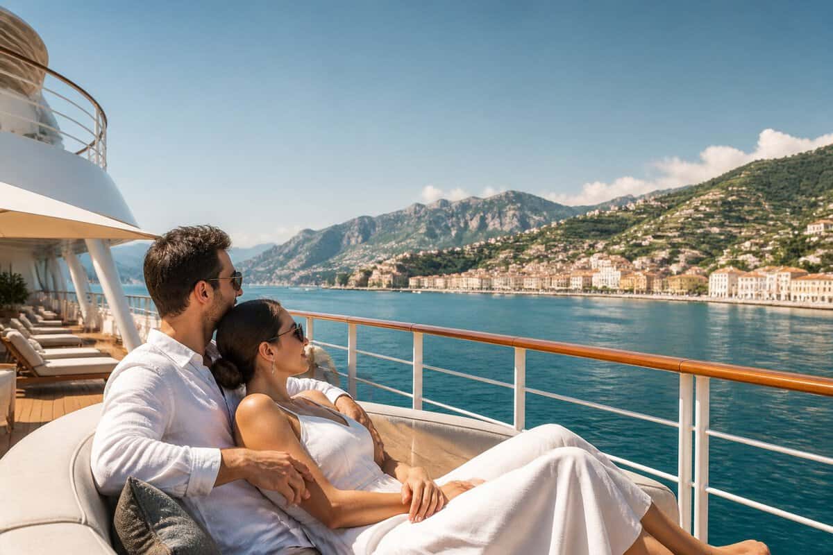 A newlywed couple relaxes on a luxury cruise ship overlooking a sunny European coastal town.