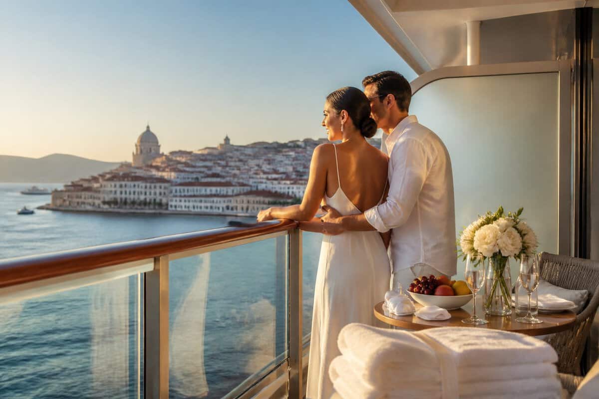 A newlywed couple embraces on a luxury cruise ship balcony overlooking a romantic European coastal town.
