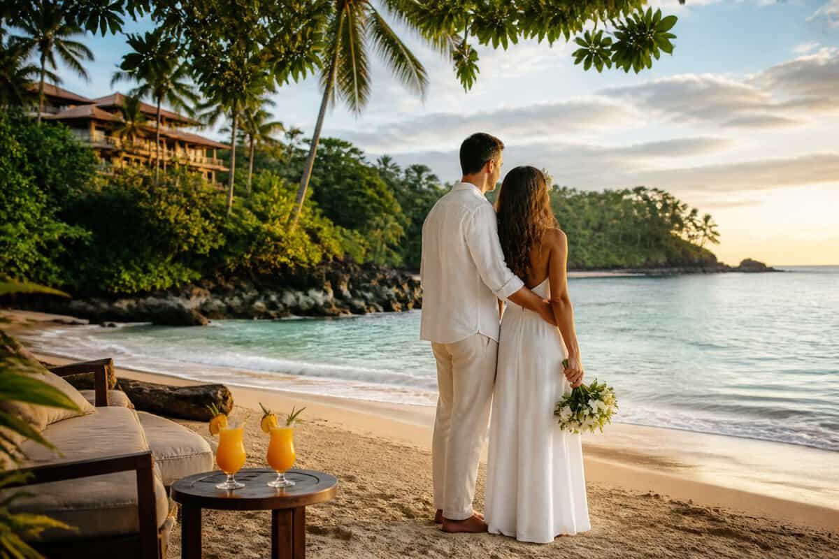 Newlywed couple embracing on a lush Costa Rican beach beside a tropical resort.