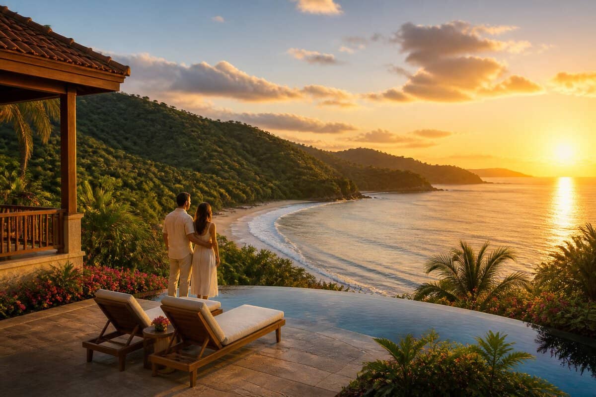 A newlywed couple overlooks a tropical Costa Rican beach from a luxury resort terrace at sunset.