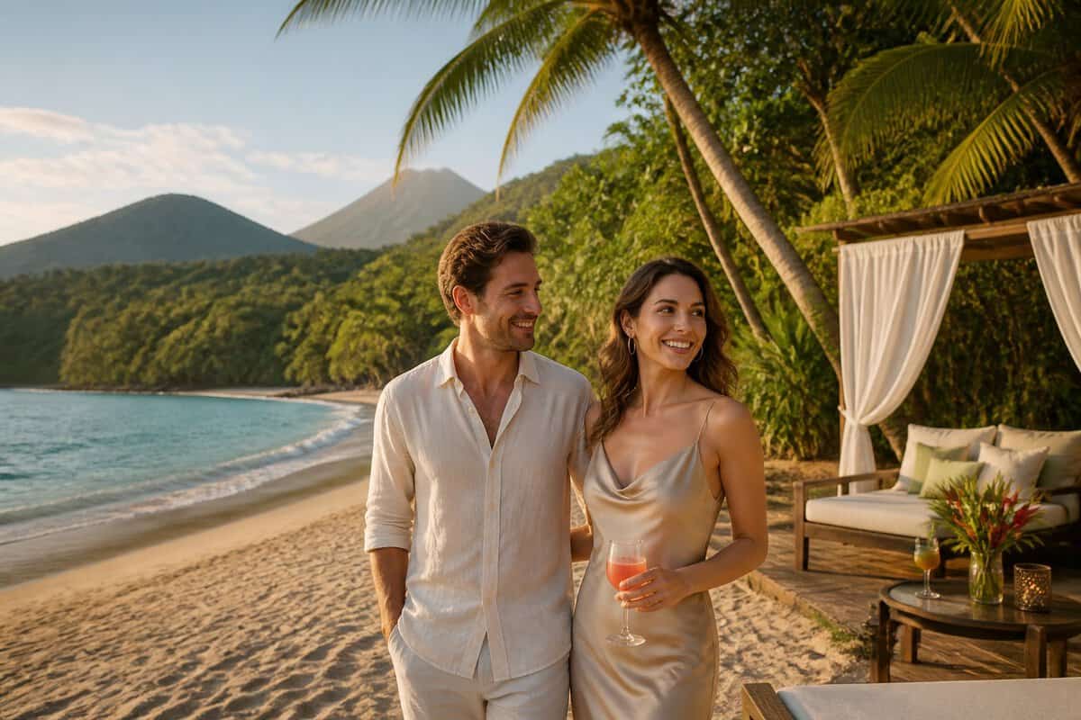 Newlywed couple enjoying a tropical beach beside a luxury resort in Costa Rica.