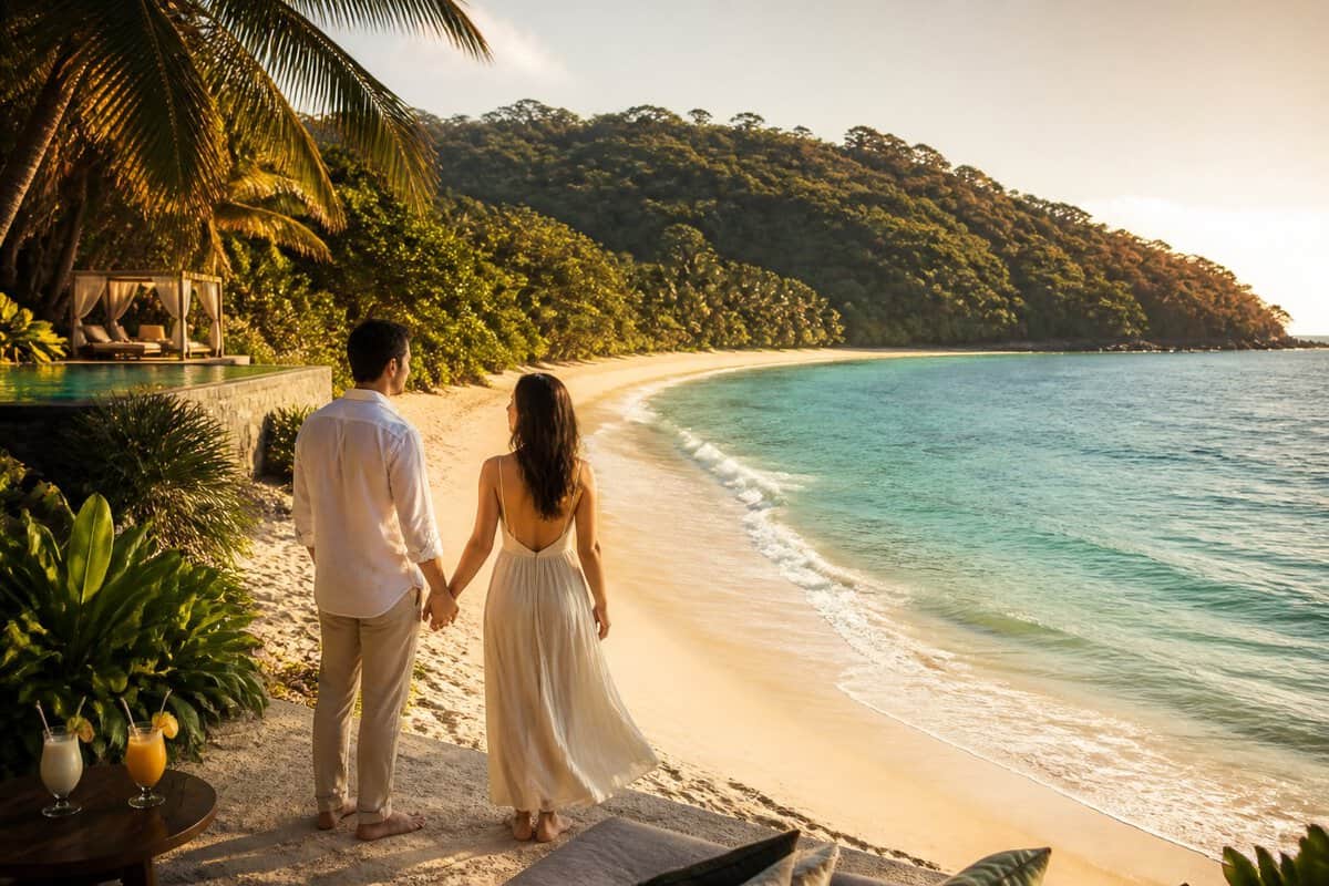 Newlywed couple holding hands on a tropical Costa Rican beach beside a luxurious resort.