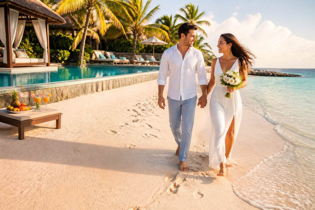 A newlywed couple walks hand in hand along a tropical beach beside a luxurious resort.