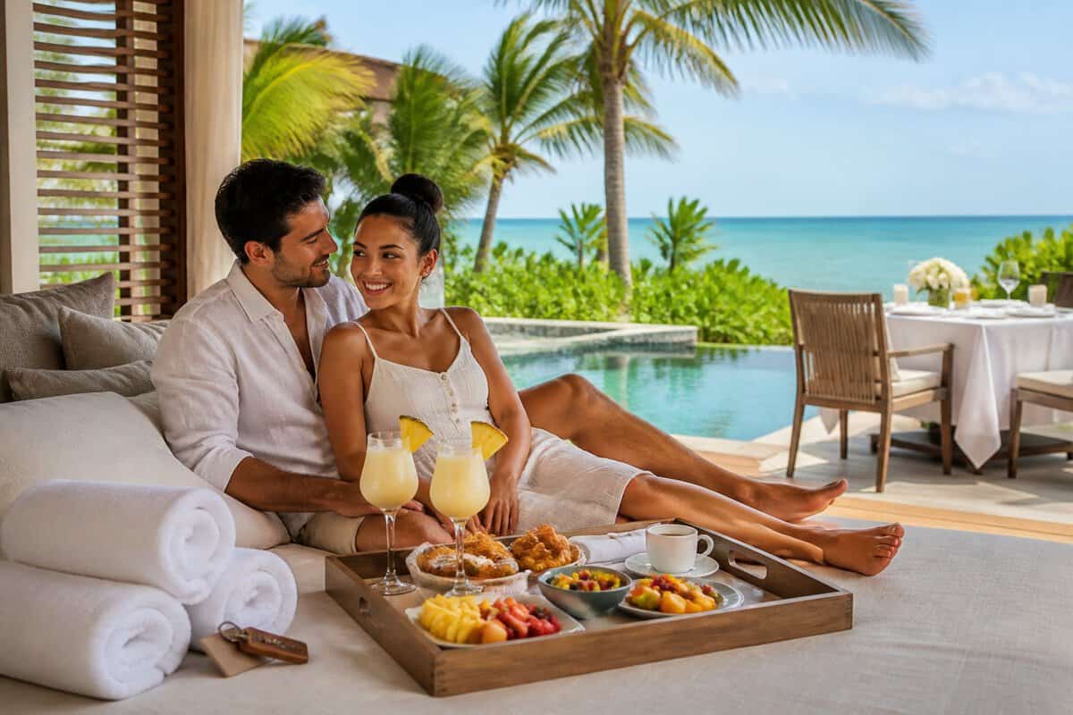 Newlywed couple relaxing at a tropical resort with breakfast, drinks, and ocean views.