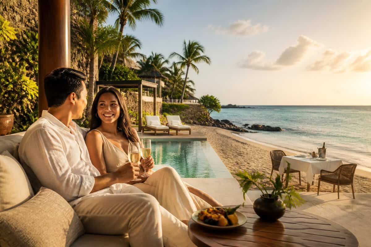 A newlywed couple relaxes on a tropical resort terrace overlooking the ocean.