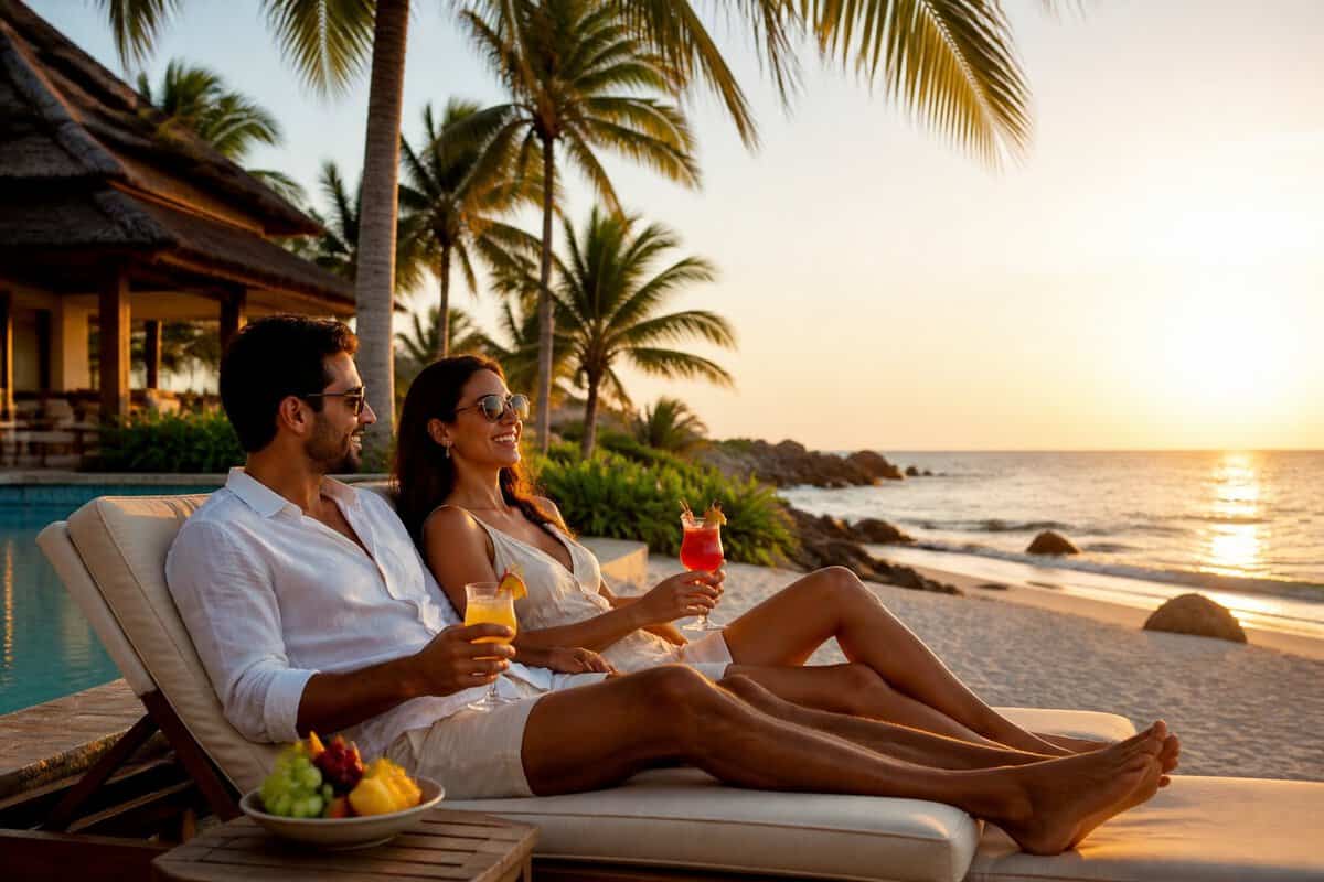 A newlywed couple relaxes together at a tropical beachfront resort during sunset.