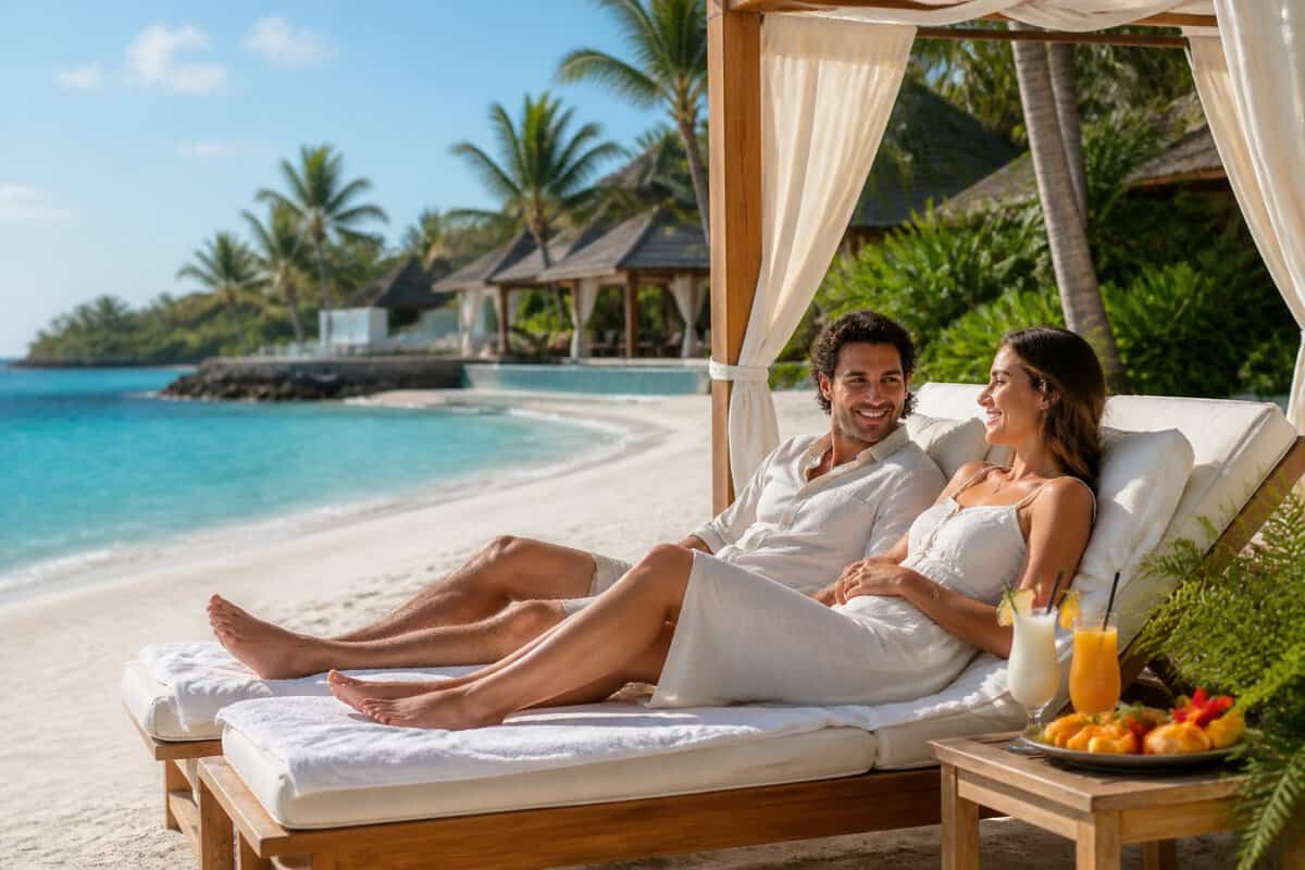 A newlywed couple relaxes on a private beach at a luxurious tropical resort.