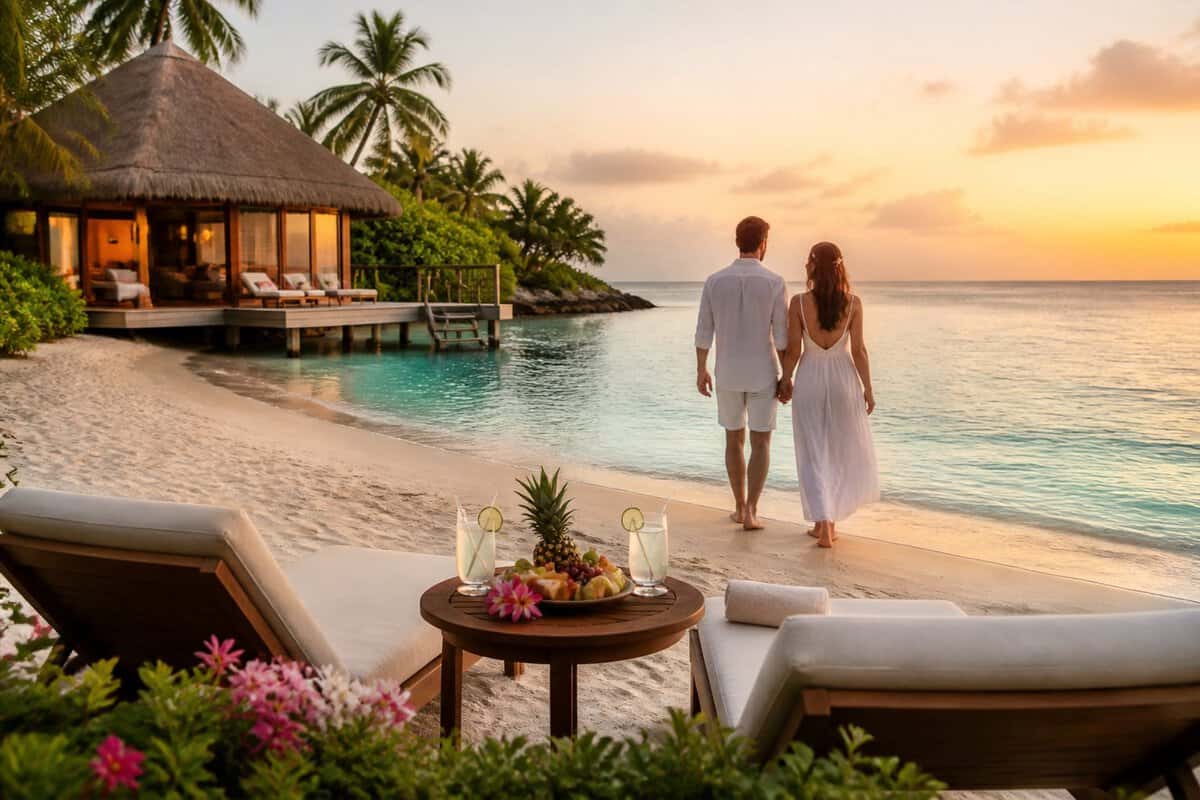 A couple walks along a tropical beach beside a luxurious resort at sunset.