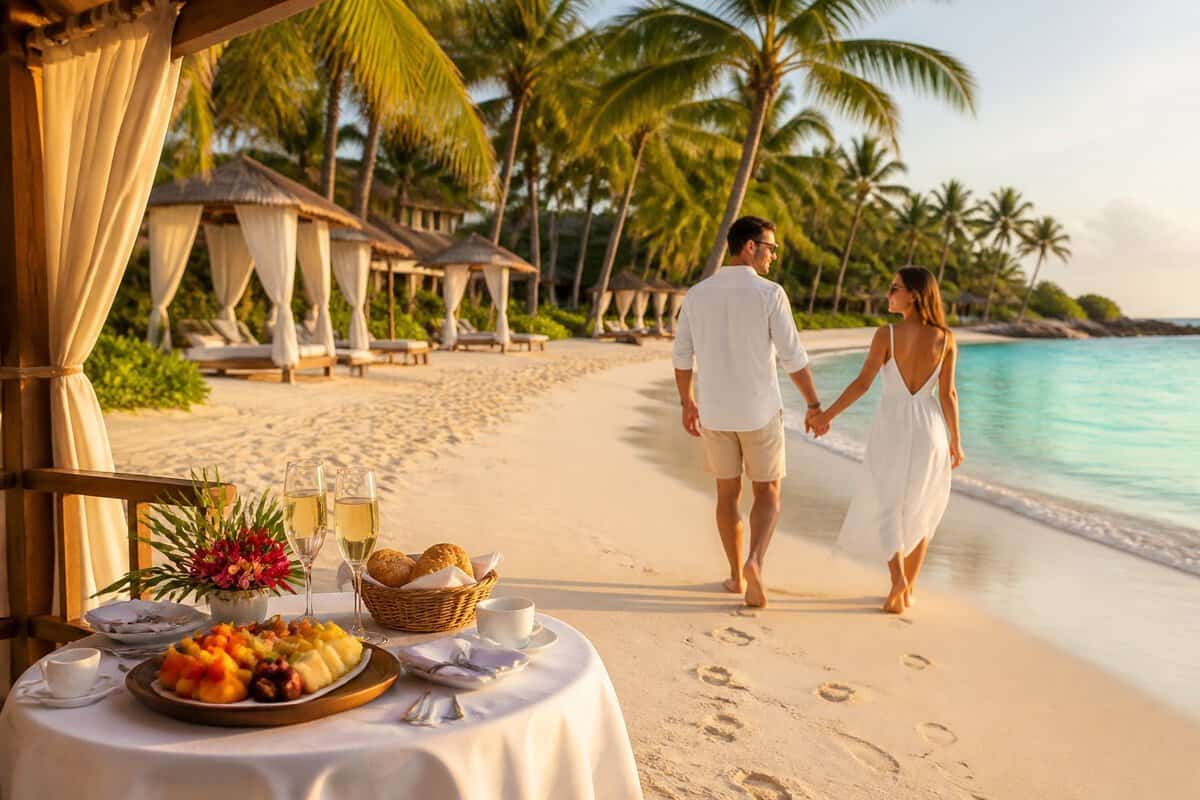 Newlywed couple walking hand in hand along a tropical resort beach with breakfast and drinks nearby.