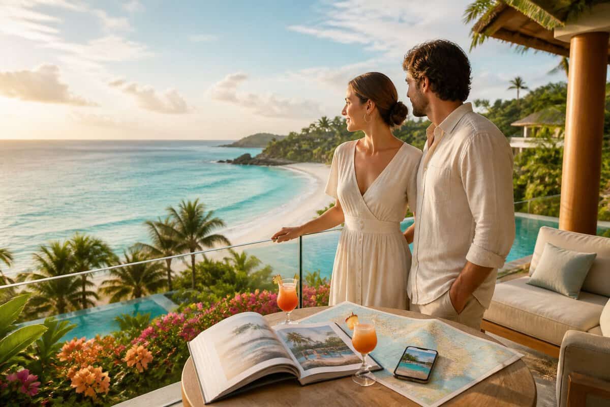 A newlywed couple compares honeymoon plans while overlooking a tropical all-inclusive resort and turquoise ocean.