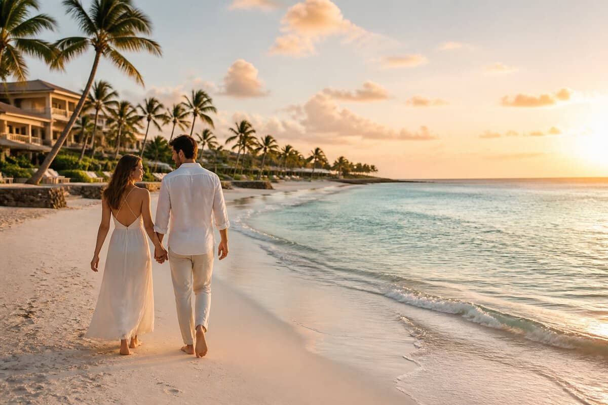 Newlywed couple walking hand in hand along a tropical Caribbean beach beside a luxury resort at sunset.