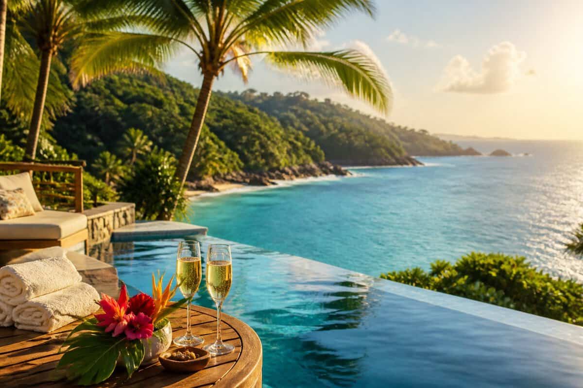 A romantic luxury resort overlooking a tropical ocean, with champagne glasses, flowers, and lush greenery beside an infinity pool.