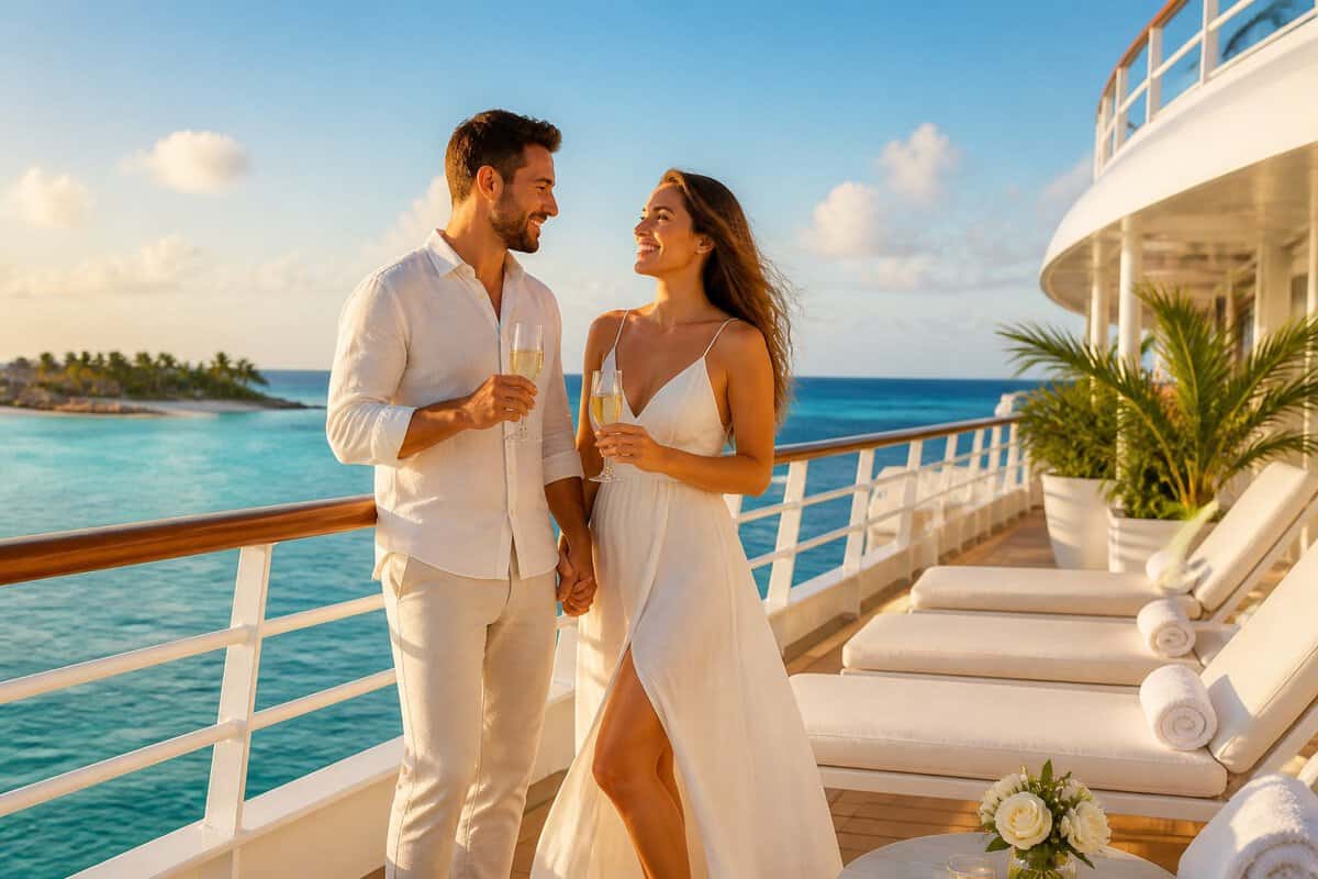 Newlywed couple enjoying a romantic moment on the deck of a cruise ship near a tropical Bahamian island.