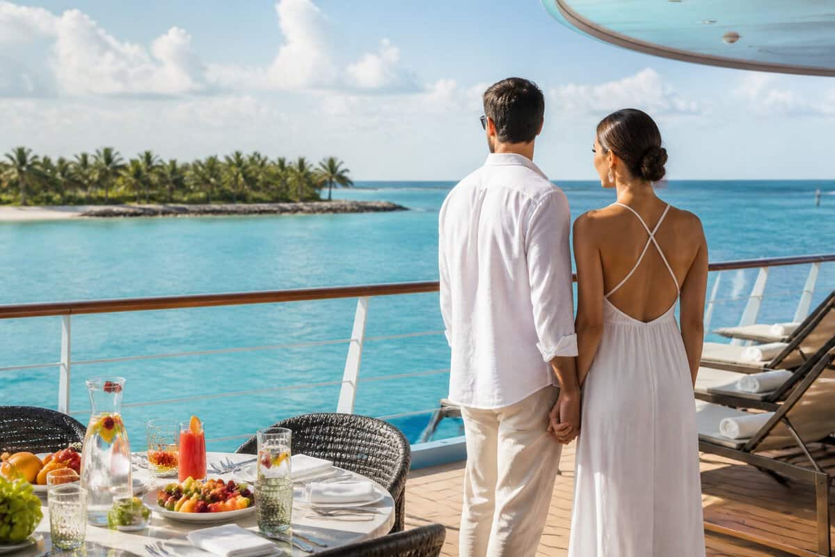 A newlywed couple enjoys a sunny cruise ship deck overlooking turquoise Bahamian waters.
