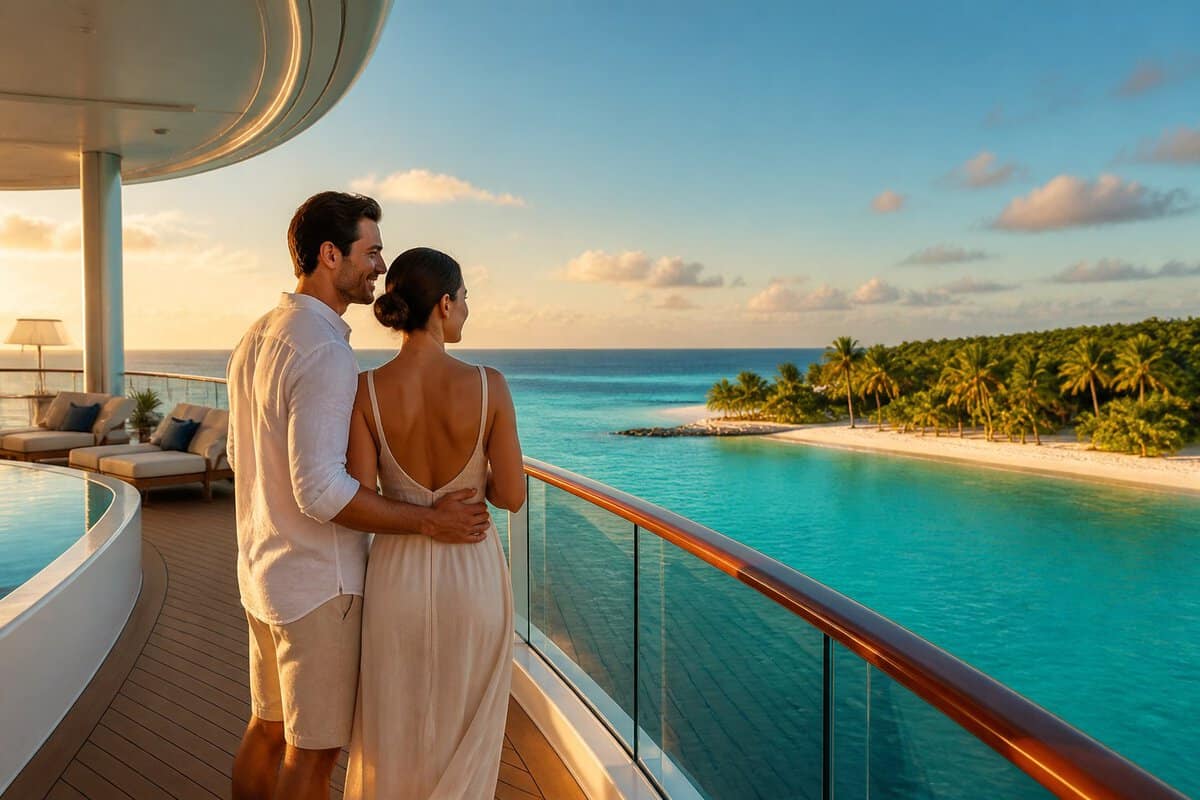 A newlywed couple relaxes on a cruise ship deck overlooking the turquoise waters and tropical islands of the Bahamas.