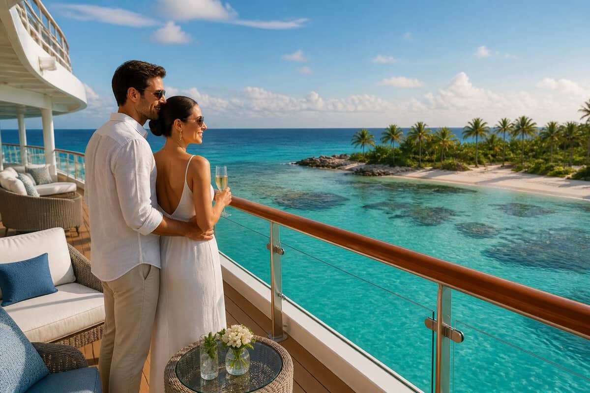 Newlywed couple on a cruise ship overlooking turquoise Bahamian waters and a tropical island.