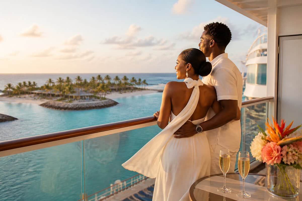 A newlywed couple embraces on a cruise ship balcony overlooking turquoise Bahamian waters and a tropical island.