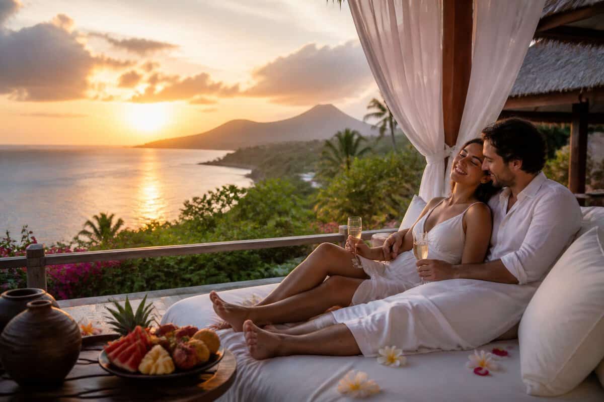 A newlywed couple relaxing on a tropical resort terrace overlooking the Bali coastline at sunset.