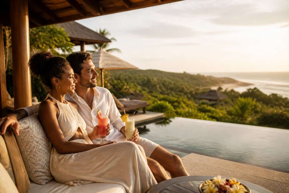 A newlywed couple relaxes on a luxury Bali resort terrace overlooking a tropical landscape and infinity pool.