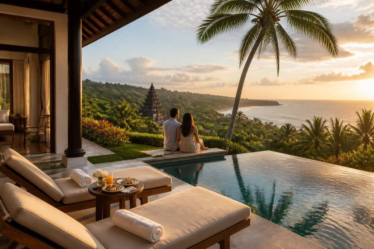 A luxurious Balinese resort villa overlooks a tropical garden, infinity pool, and the ocean at sunset.