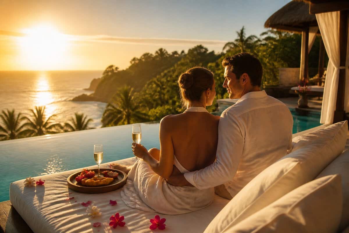 A couple relaxes at a tropical Bali resort overlooking the ocean with champagne and fresh fruit nearby.