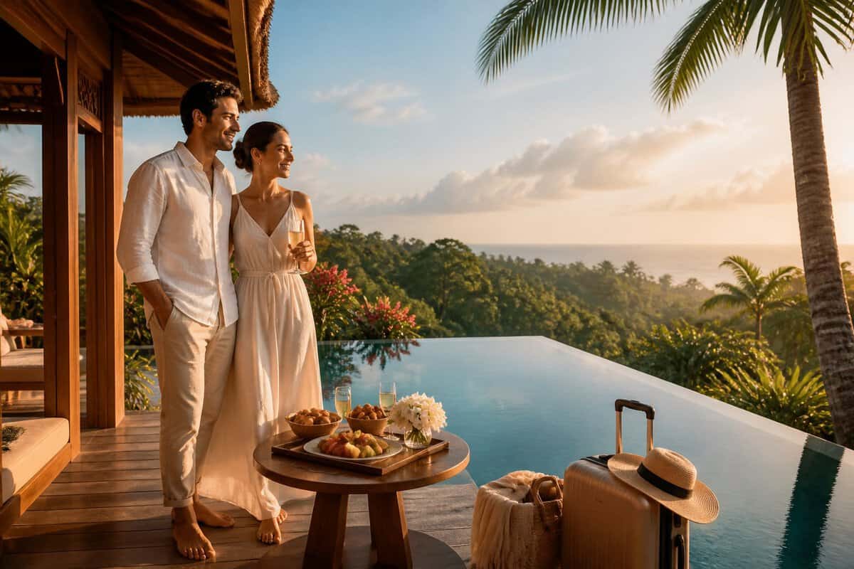 Newlywed couple enjoying a luxury Bali villa terrace overlooking a tropical landscape and infinity pool.
