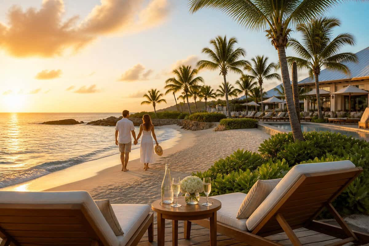 A couple walks hand in hand along a sunny beach beside a luxurious resort with palm trees and turquoise water.