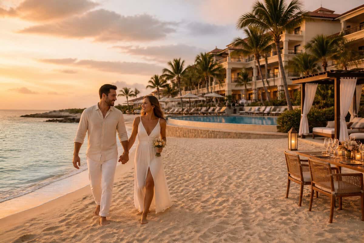 Newlywed couple walking along a beach at a luxurious all-inclusive resort.