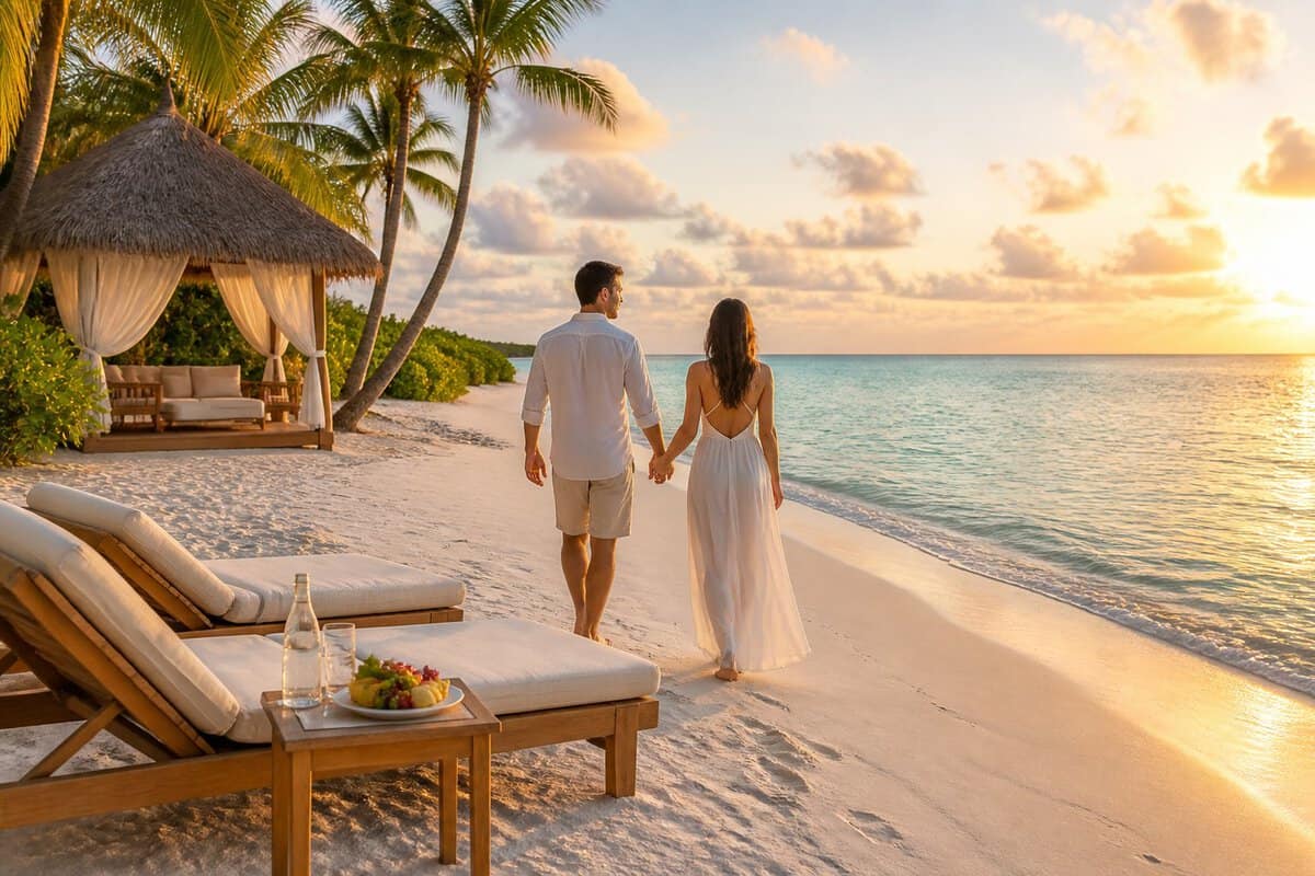 A newlywed couple walks along a sunny beach beside turquoise water near a luxury resort.