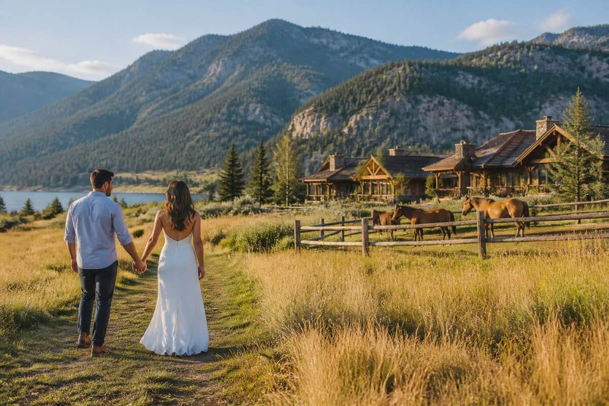 A couple walks hand in hand through a meadow at a mountain ranch retreat, with horses, cabins, and forested peaks in the background.