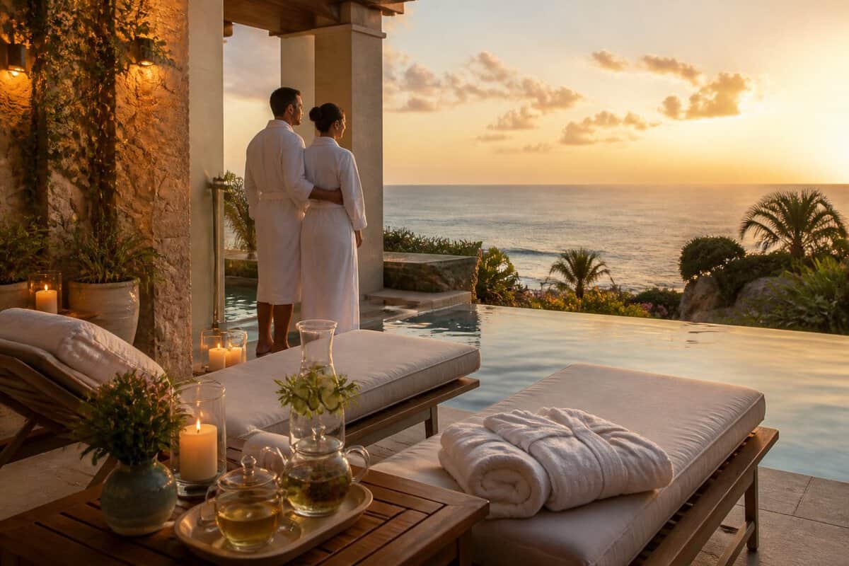 A couple relaxes beside an infinity pool at a luxurious spa resort surrounded by greenery.