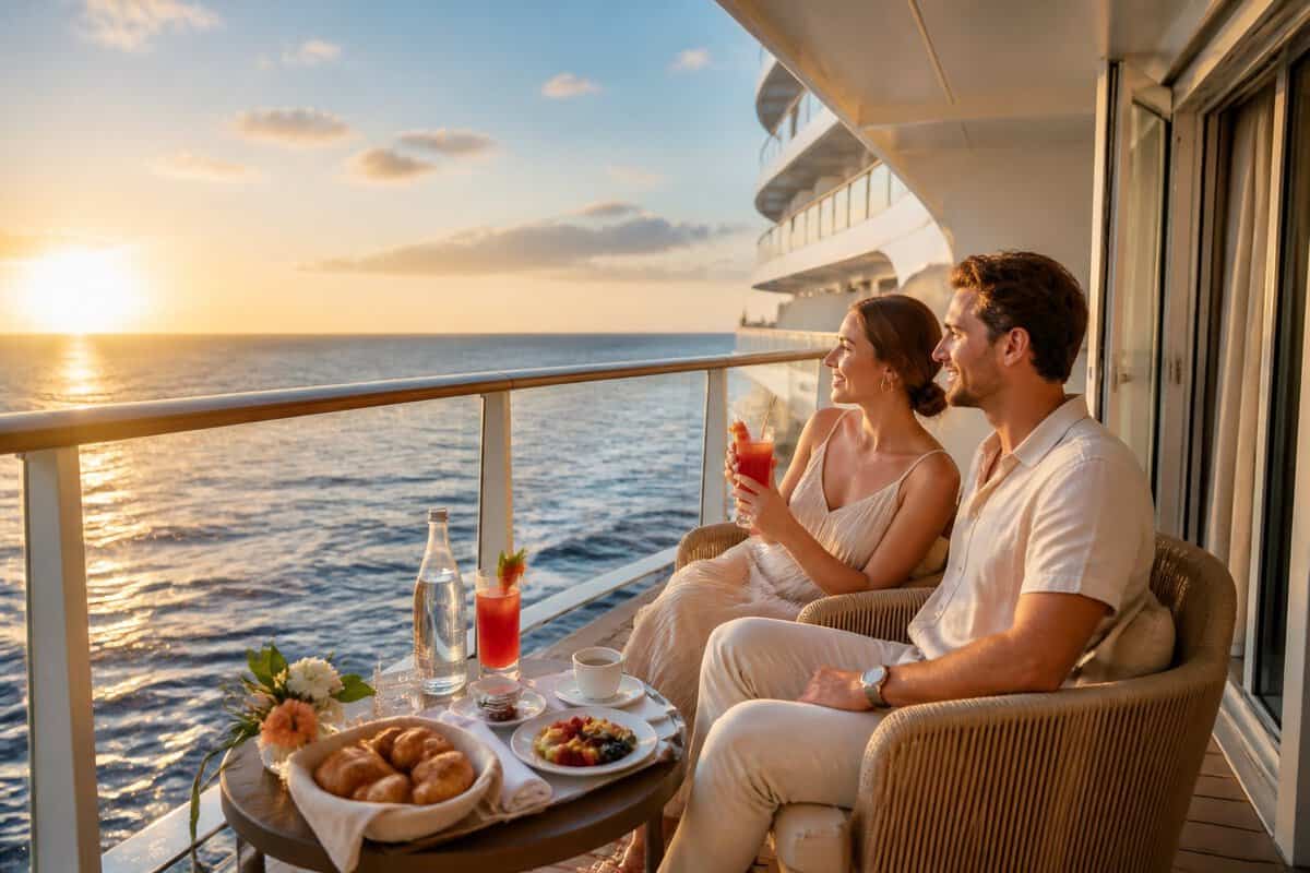 A newlywed couple relaxes together on a cruise ship balcony overlooking the ocean at sunset.
