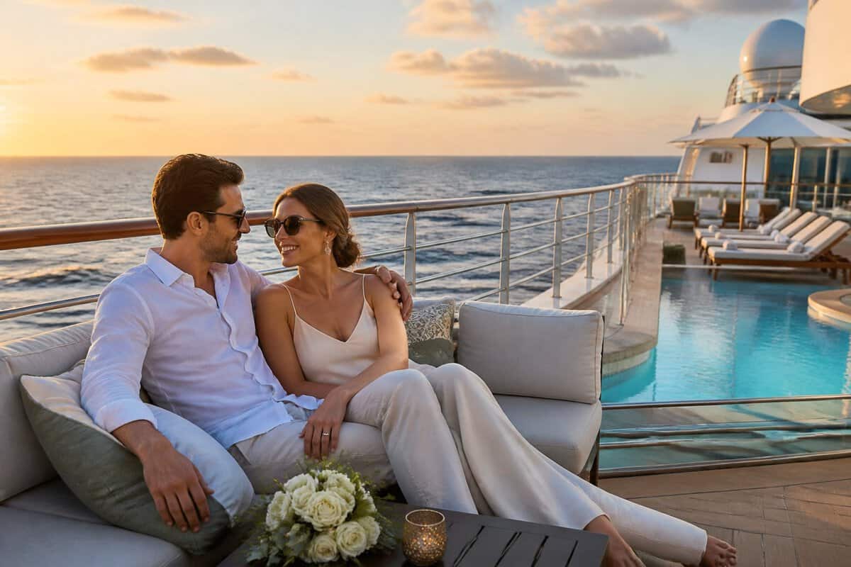 A newlywed couple relaxing on the upper deck of a luxury cruise ship at sunset.