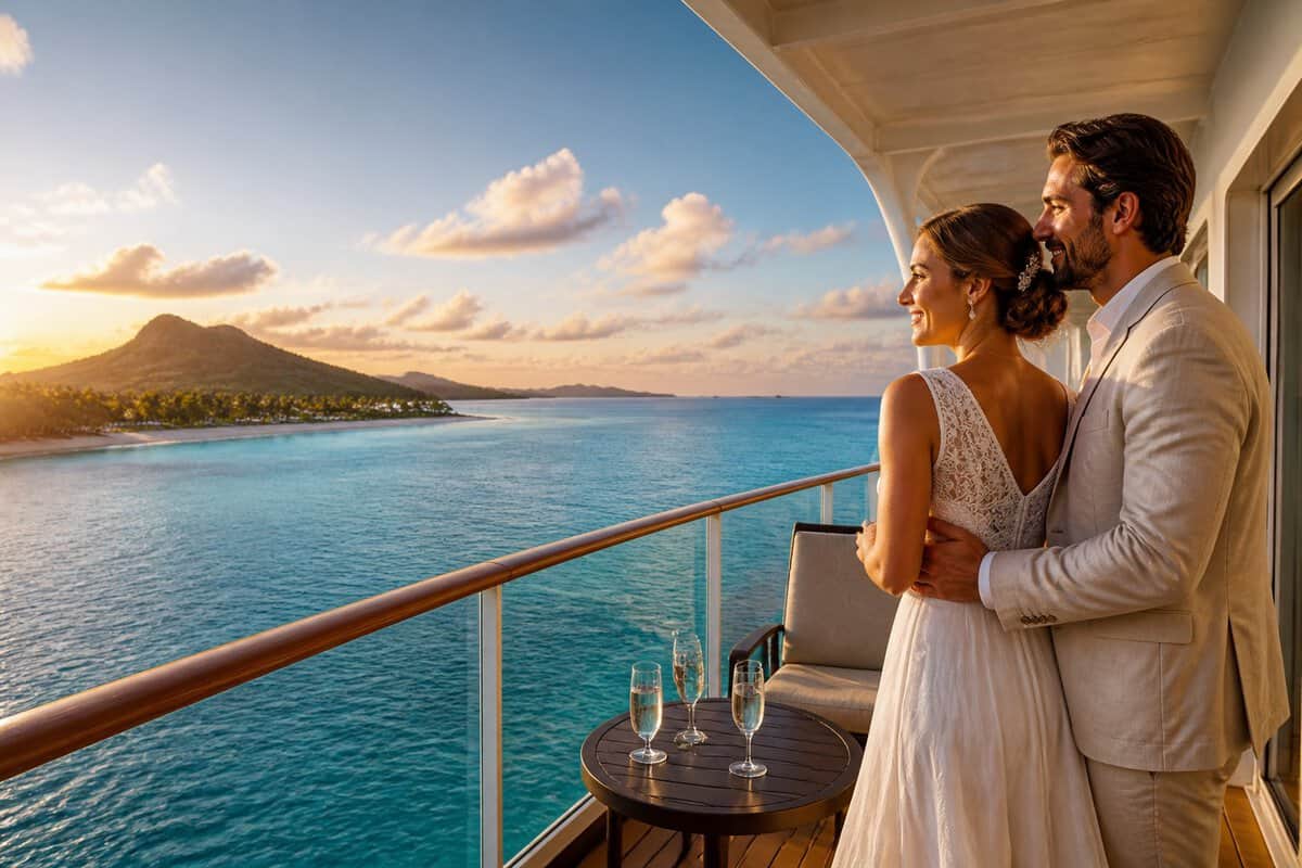 A newlywed couple watches the sunset from a cruise ship balcony overlooking a tropical island.